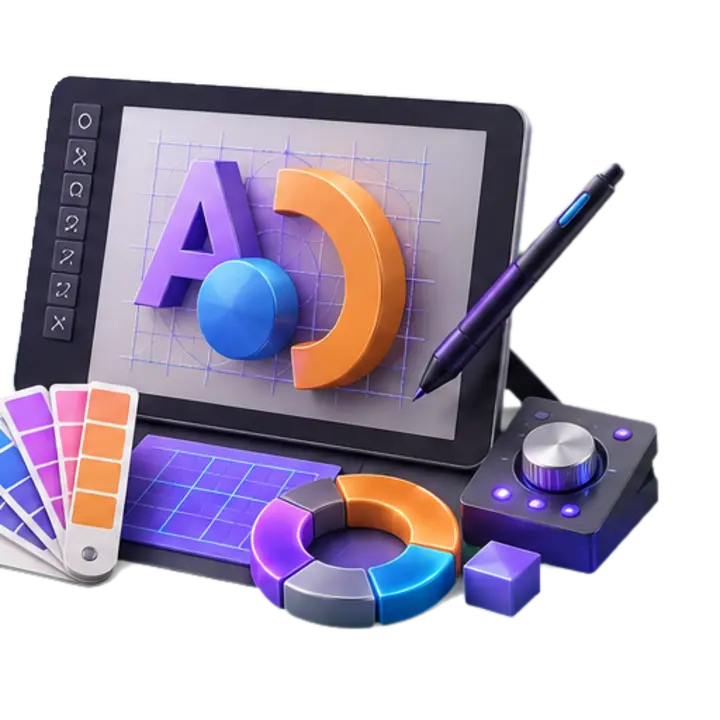 Ilustración 3D de herramientas y elementos de diseño gráfico