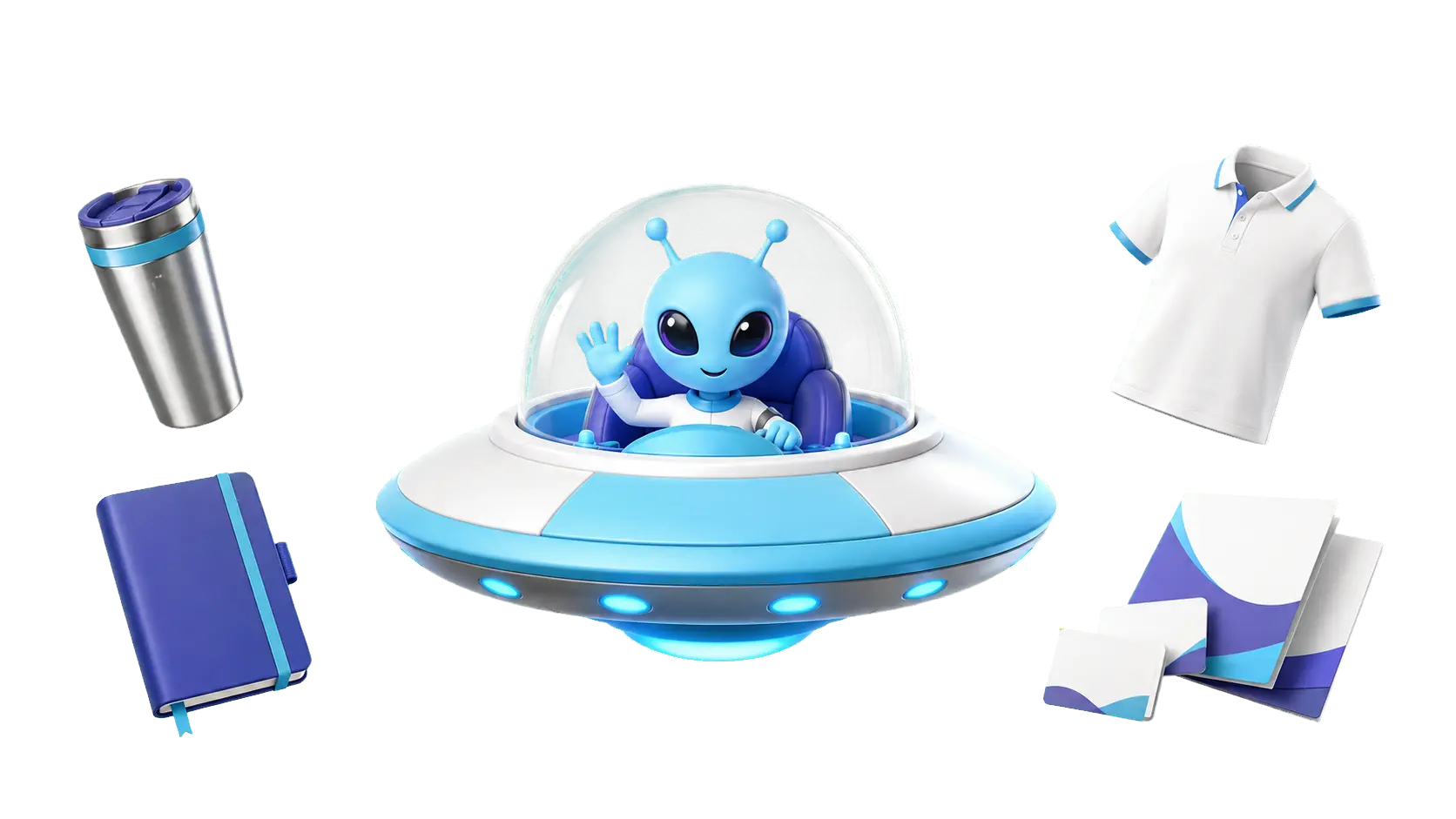 Alien azul en un OVNI rodeado de productos publicitarios personalizados
