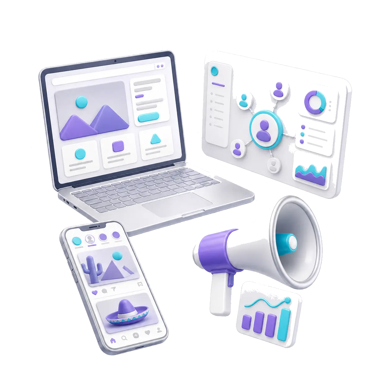 Ilustración 3D de servicios digitales, publicidad y automatización